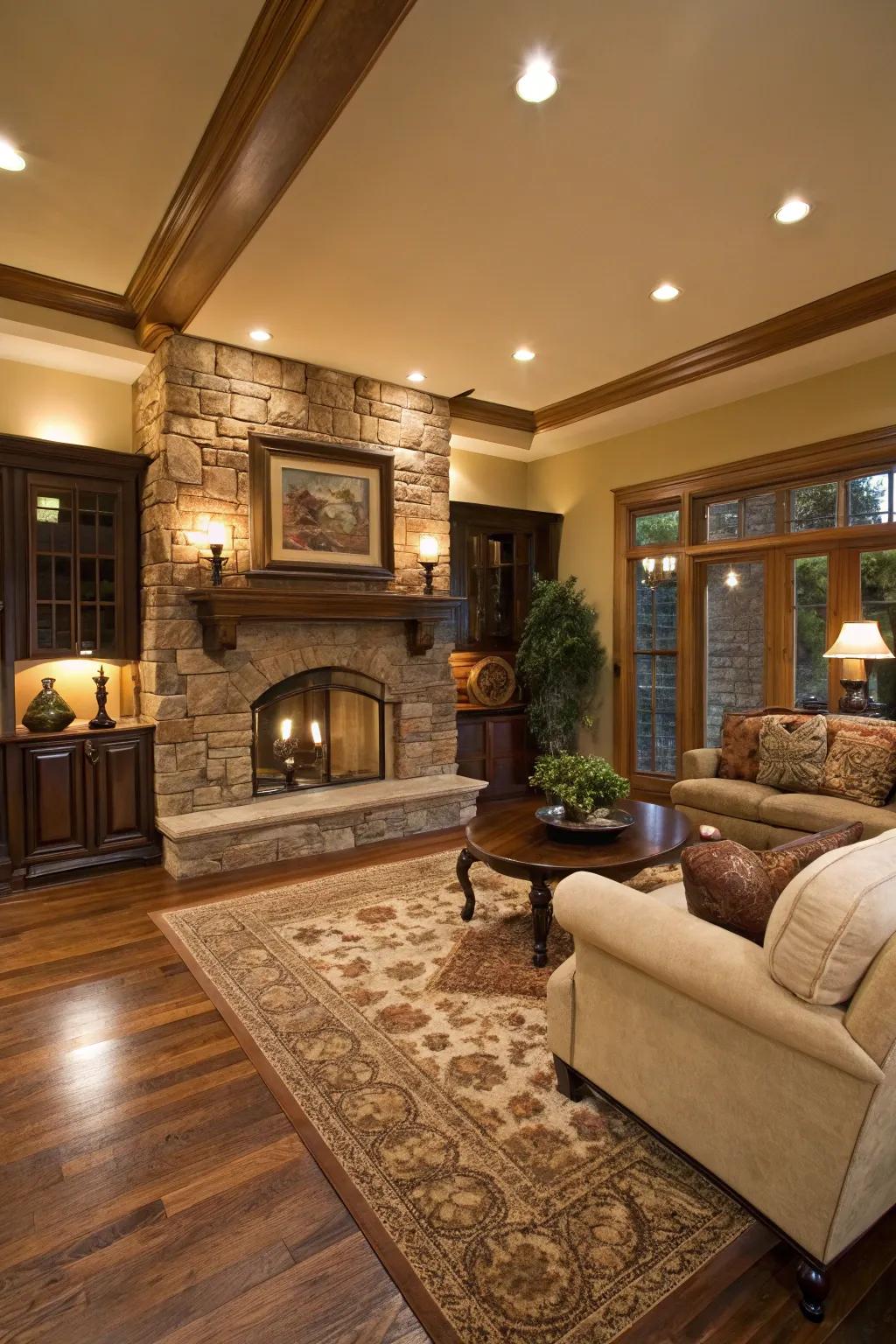 Hardwood flooring complements your fireplace with elegance and warmth.