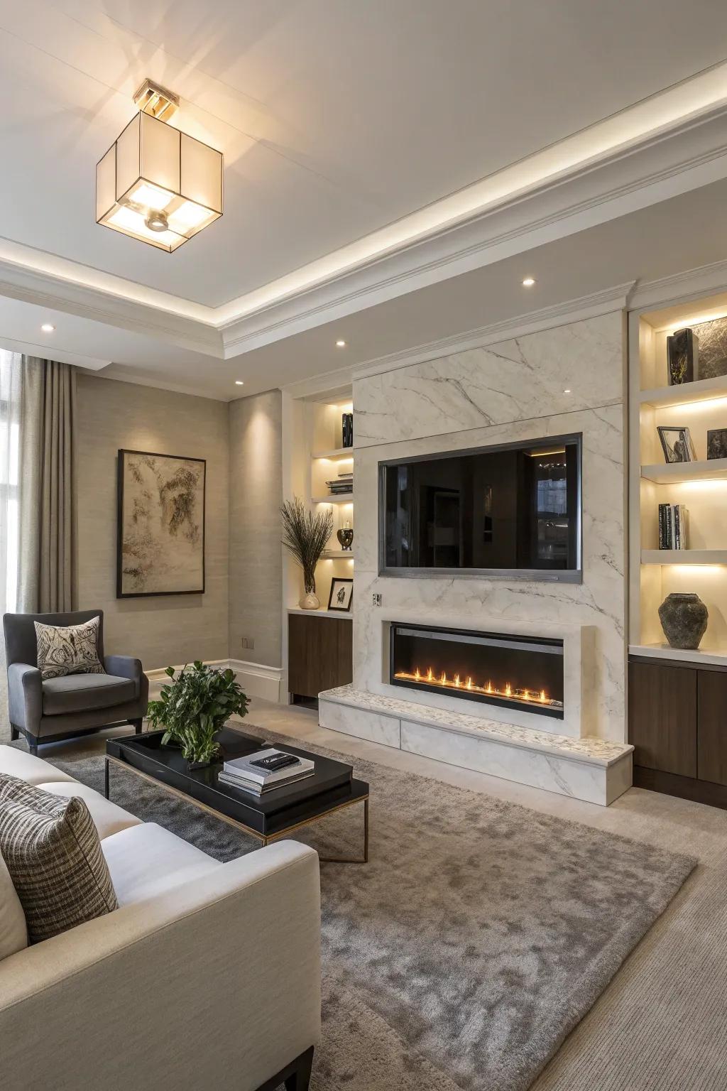 A recessed alcove offers a seamless look for your TV and fireplace.