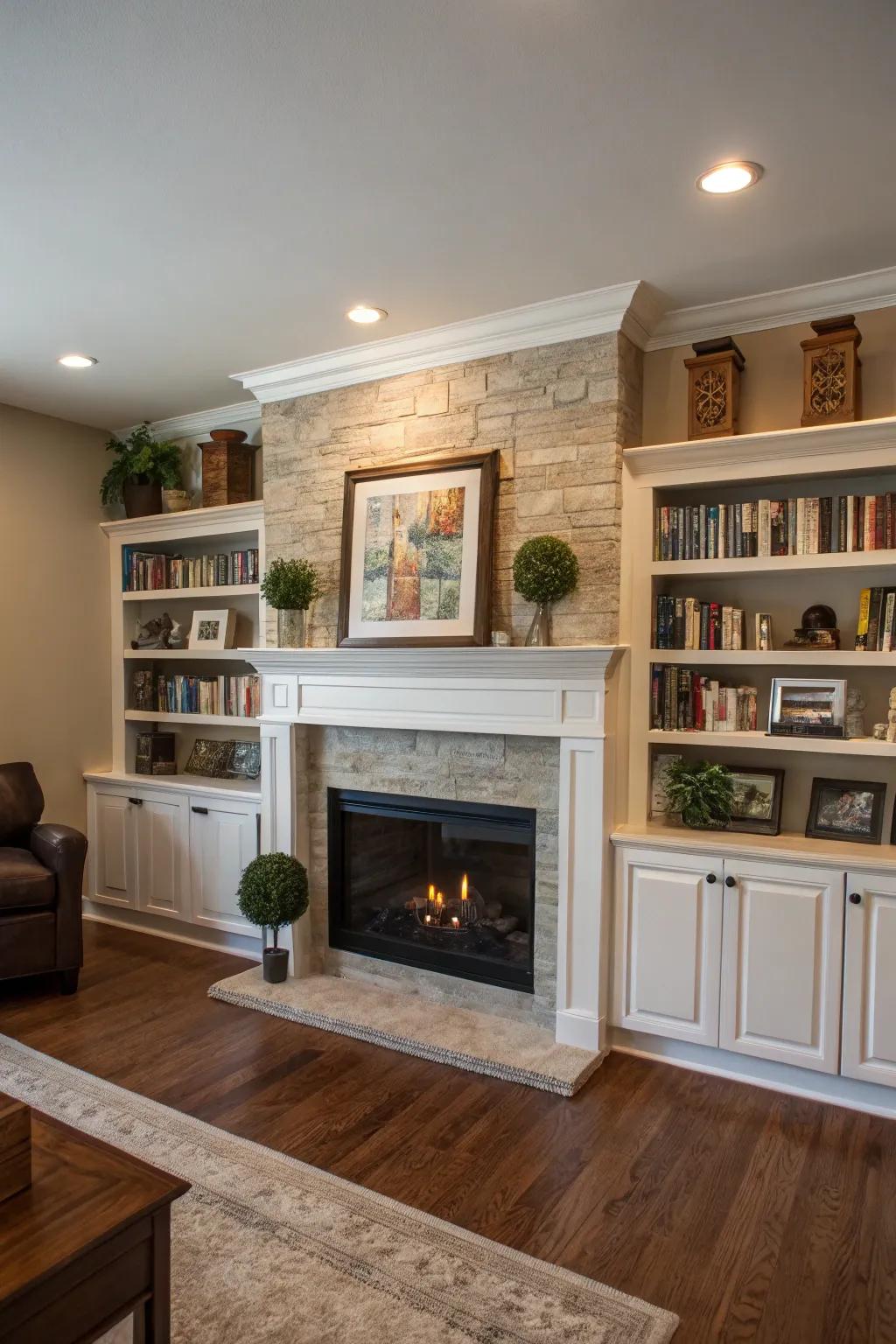 Built-in shelves framing a fireplace, offering storage and style.