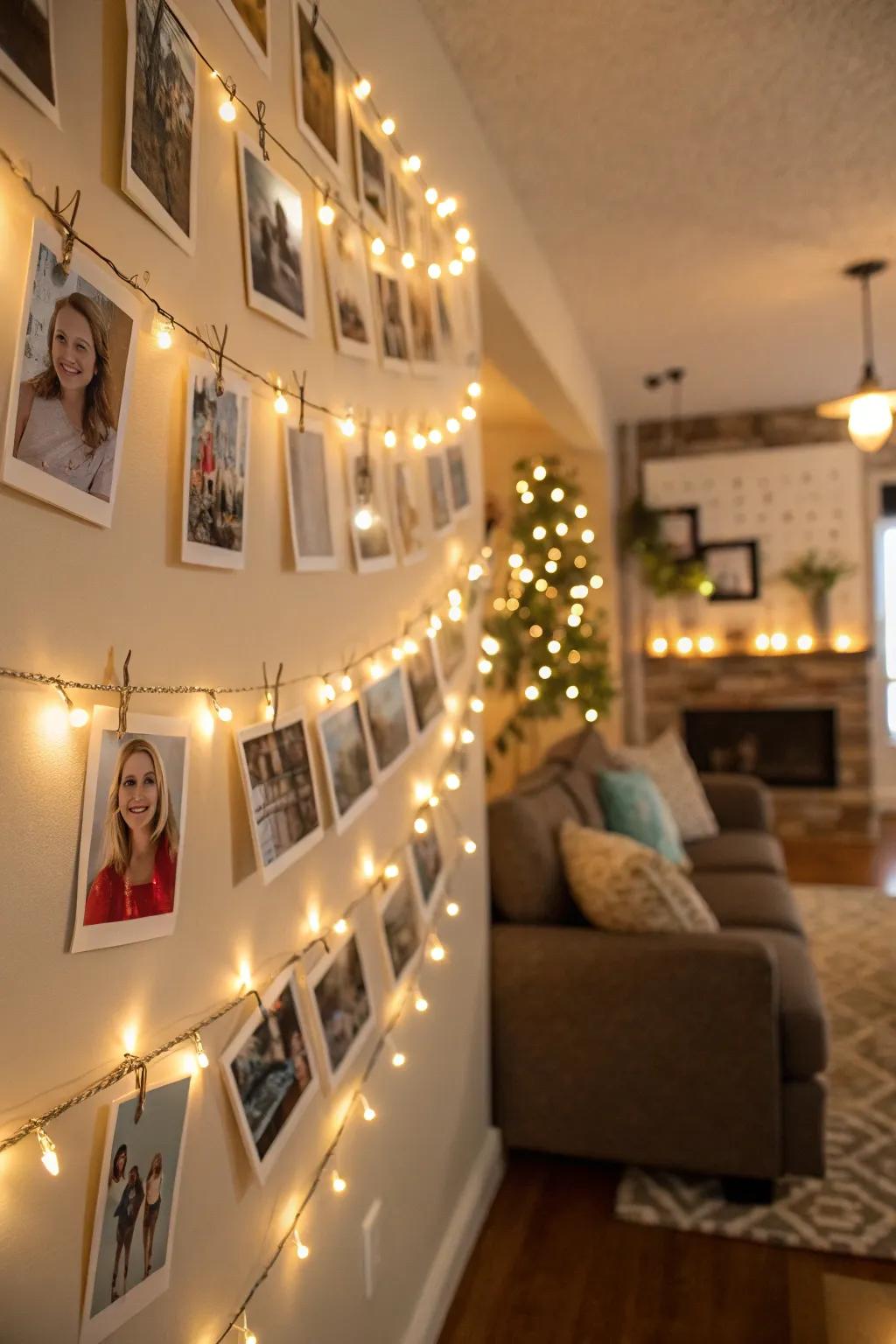 A photo wall filled with cherished memories adds a personal touch.