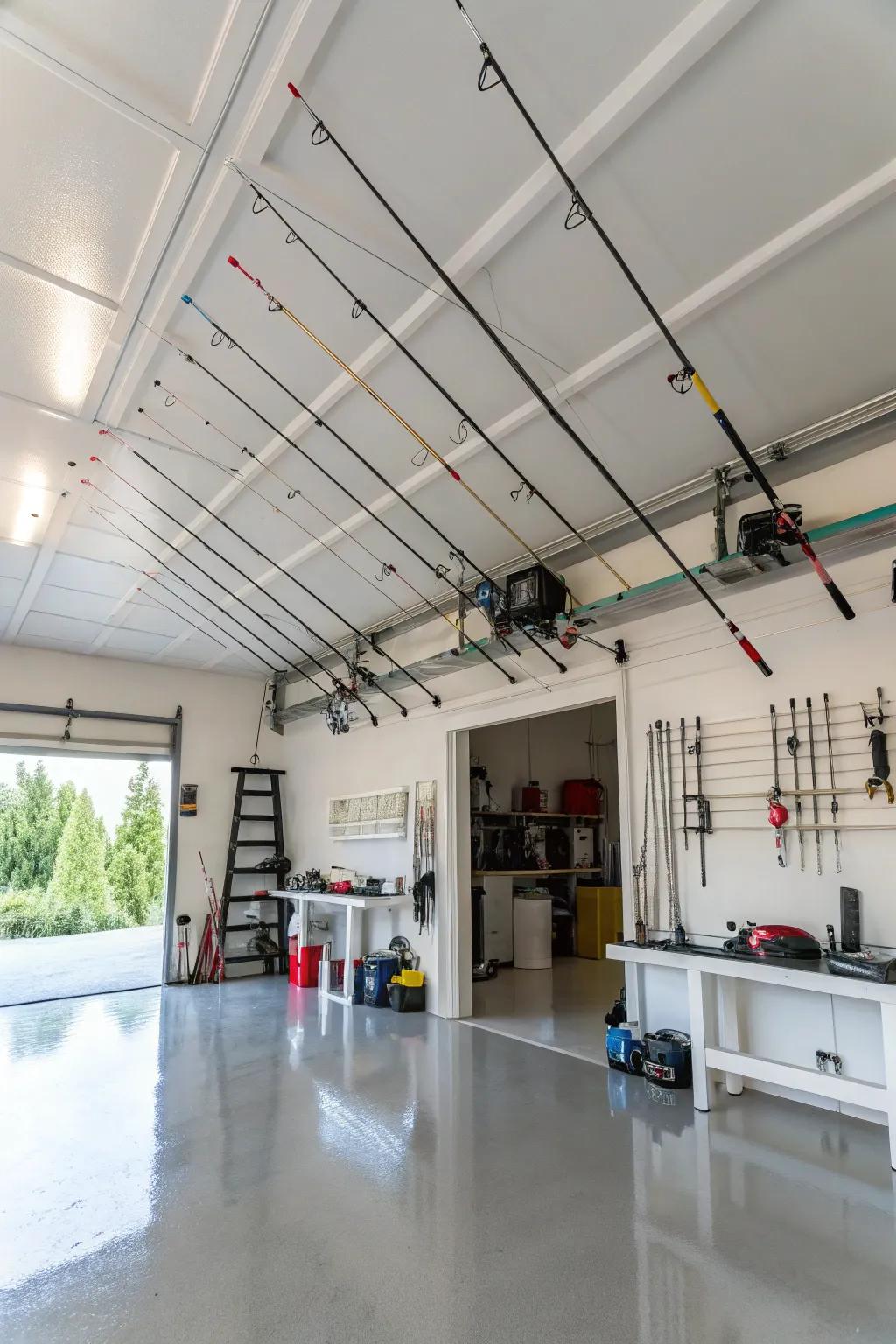 Ceiling-mounted rod racks keep rods safe and out of the way.