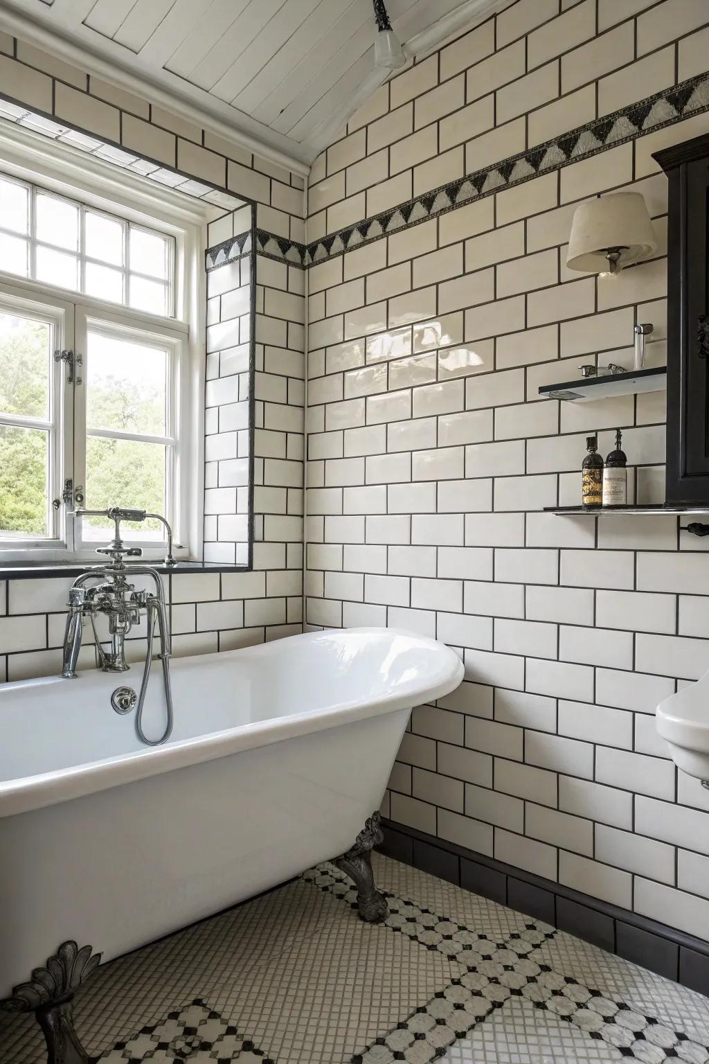 A classic subway-tiled bathroom with contrasting grout for added depth.