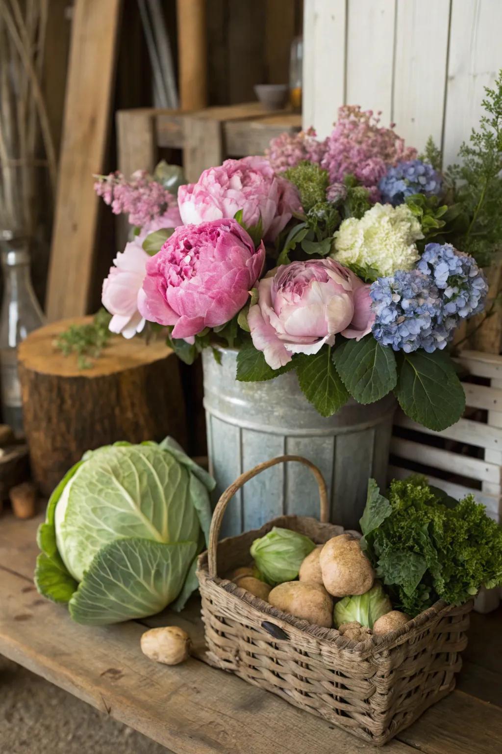 Peonies create a striking centerpiece with hydrangeas.