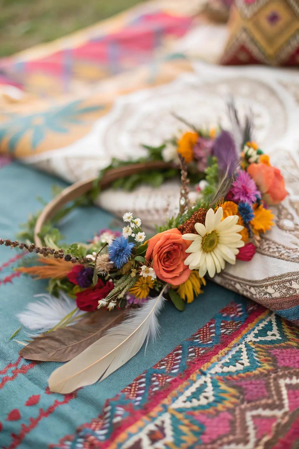 A bohemian flower crown that radiates free-spirited charm.