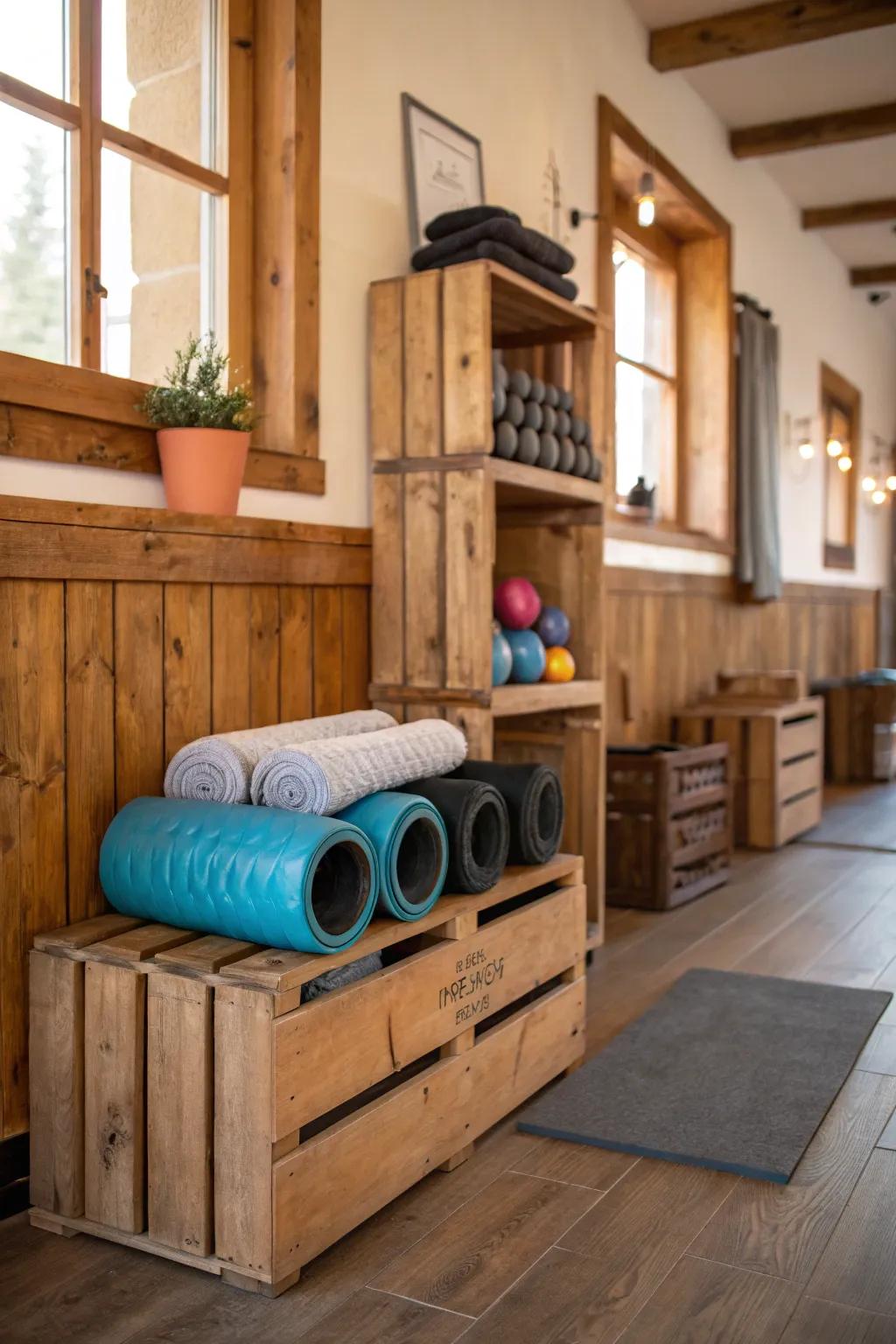 Vintage wooden crates add charm and storage.