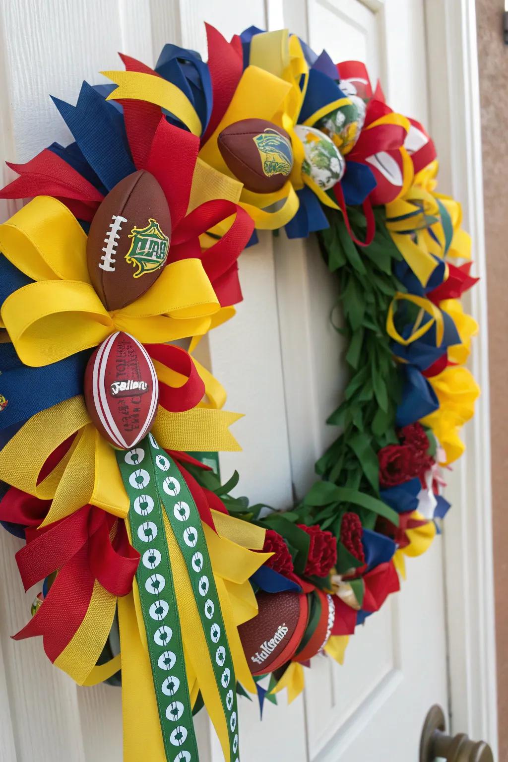 Bold ribbons and thematic pins make for a spirited football wreath.