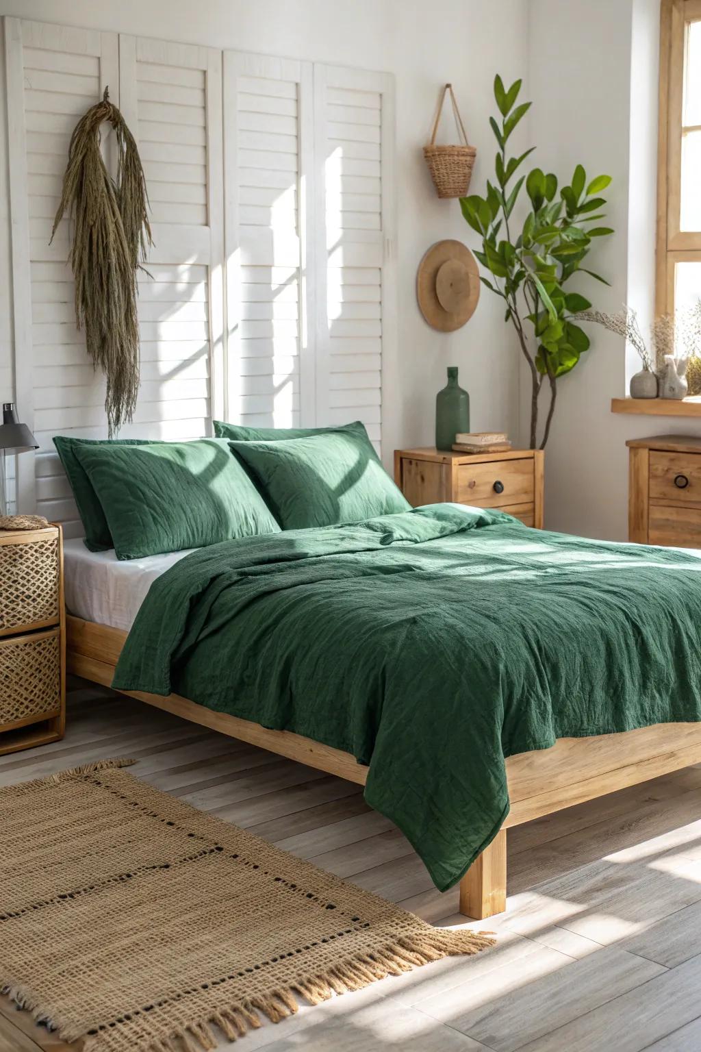 Forest green bedding pairs beautifully with wooden accents for a natural look.