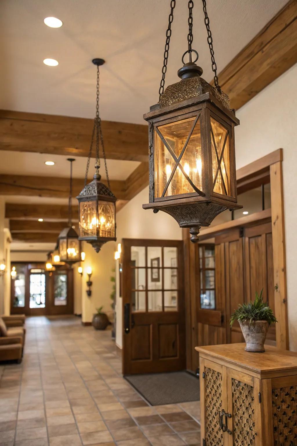 Rustic lanterns bring a cozy farmhouse vibe to this inviting foyer.