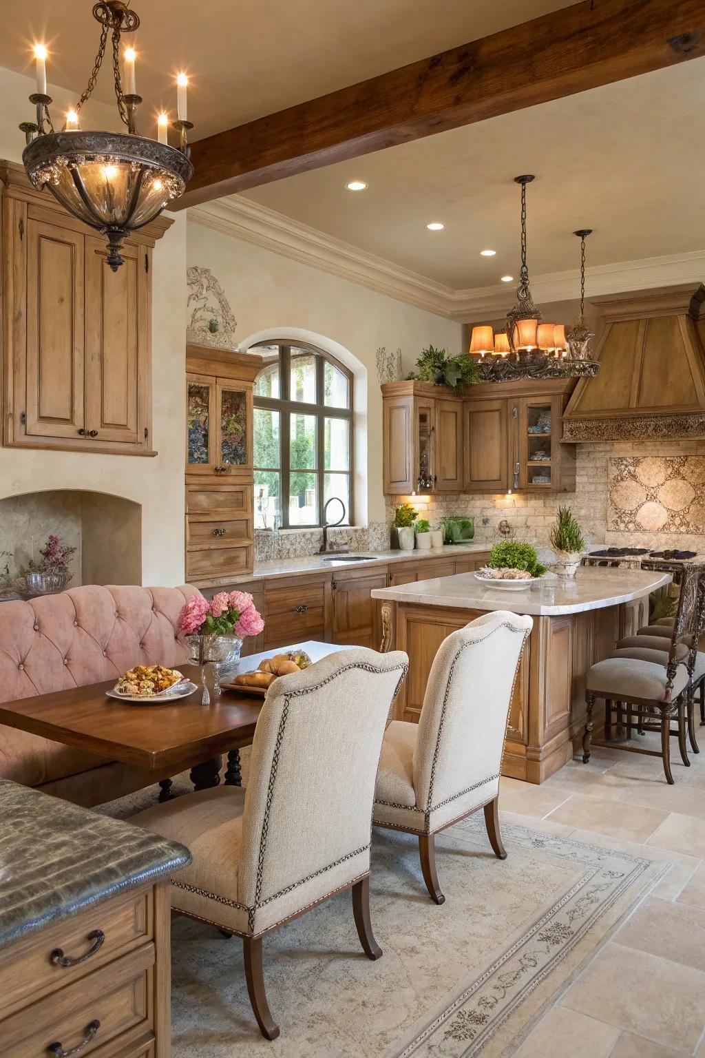 Elegant upholstered seating in a cozy kitchen setting.