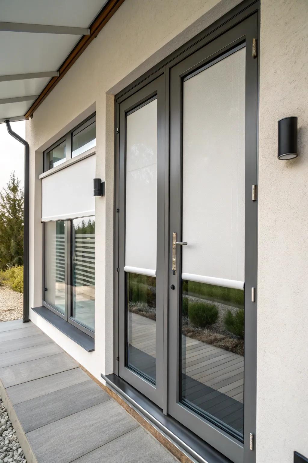 Sleek roller shades providing a clean aesthetic to the front door.