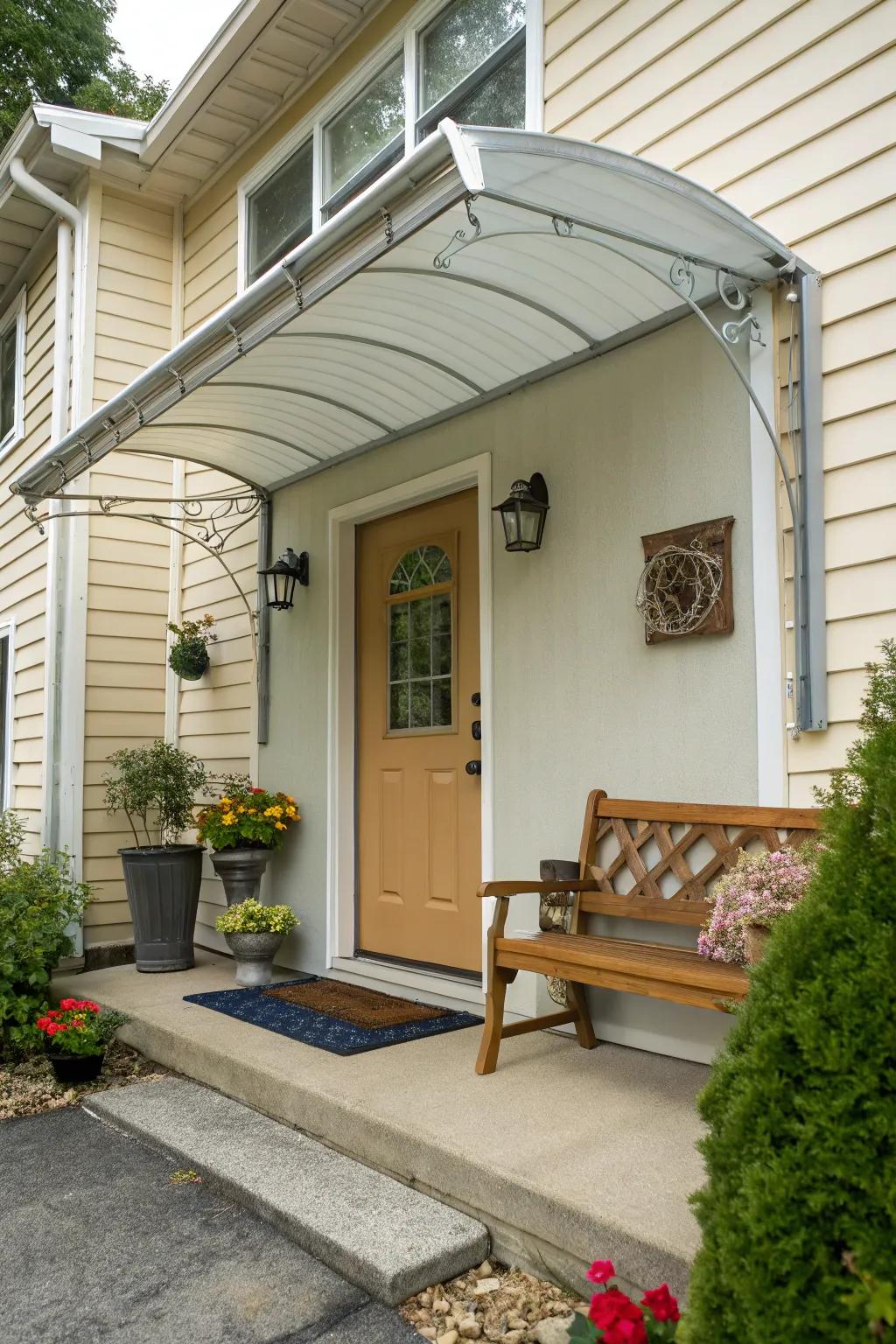 Budget-friendly aluminum and vinyl canopy for a stylish entrance.