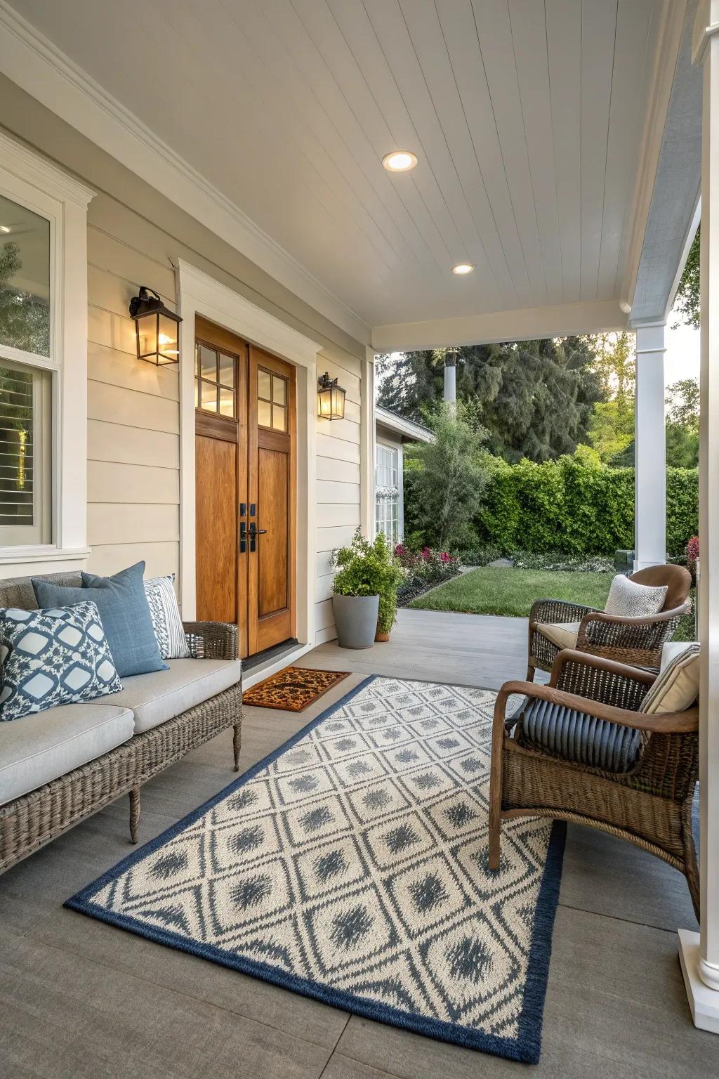 A stylish outdoor rug pulls the seating area together.