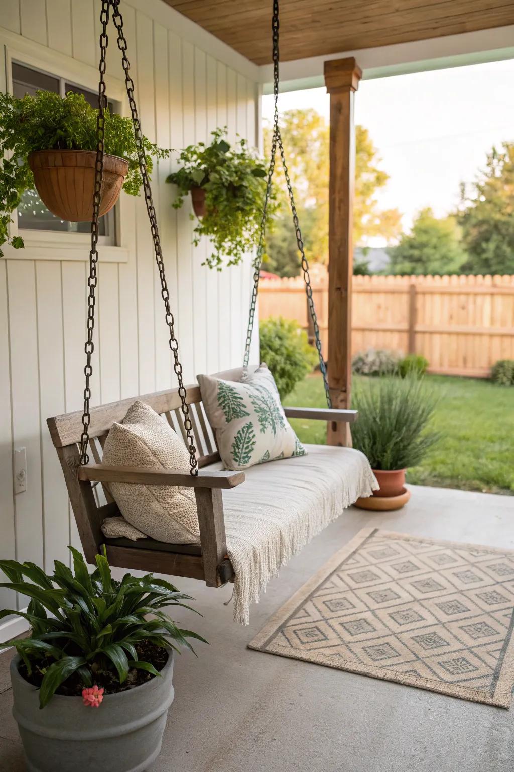 A porch swing adds a touch of nostalgia and relaxation.