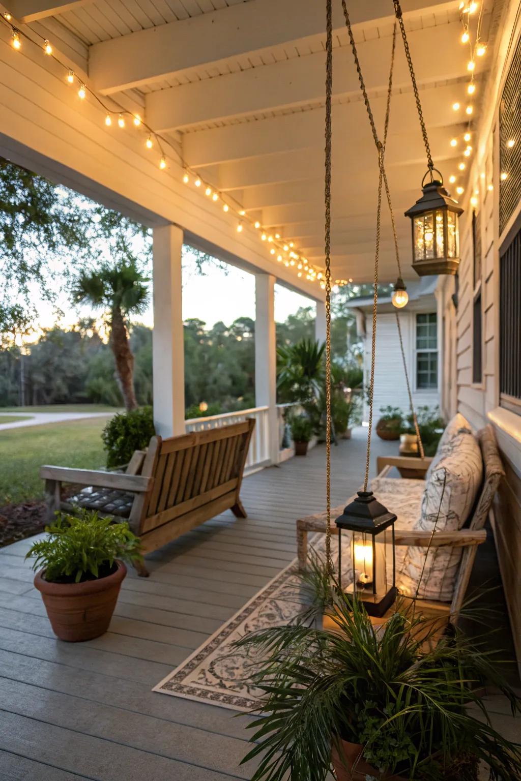 Cozy lighting transforms this porch into a magical evening retreat.