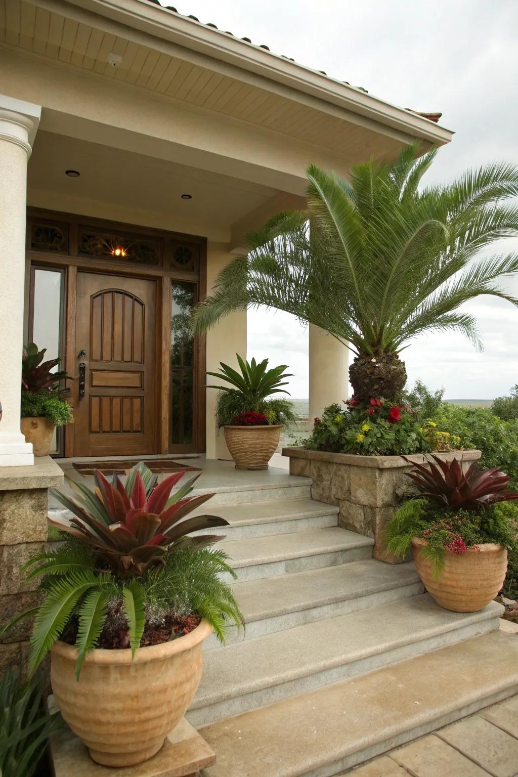 Tropical vibes with sago palms and bromeliads on the porch.