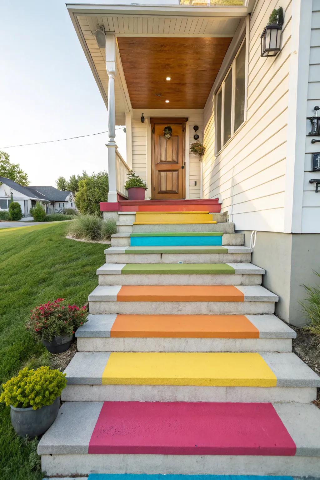 Boldly painted concrete steps make a striking entrance.