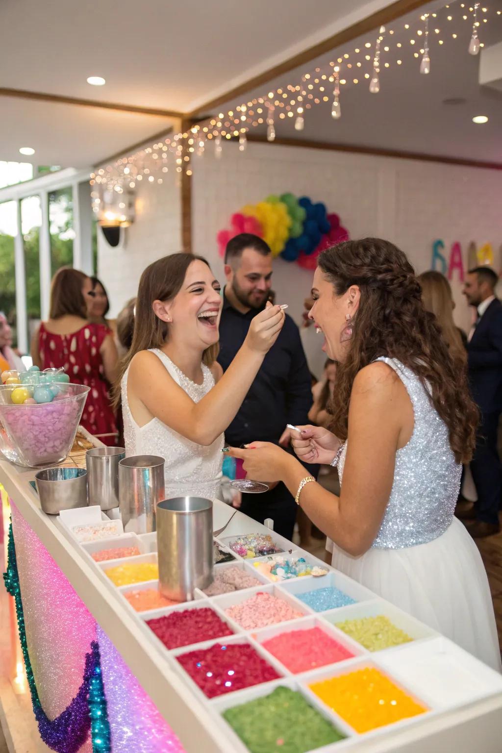 Guests add sparkle to their look at a vibrant glitter bar.