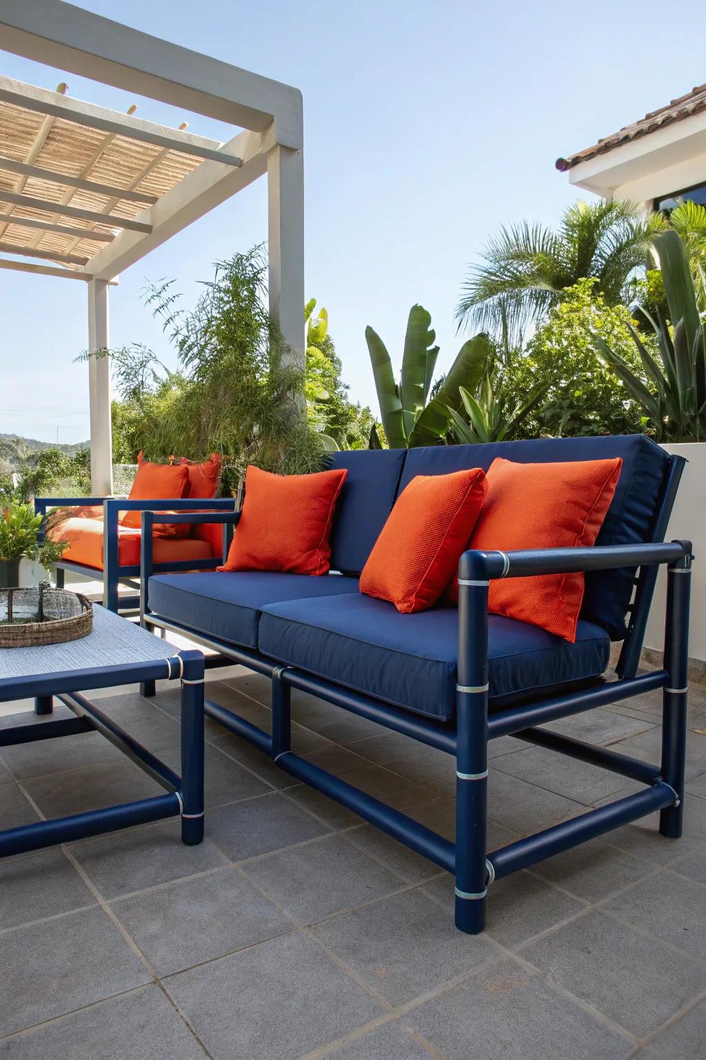 Elevate your patio with this bold PVC pipe seating masterpiece – where craftsmanship meets modern design.