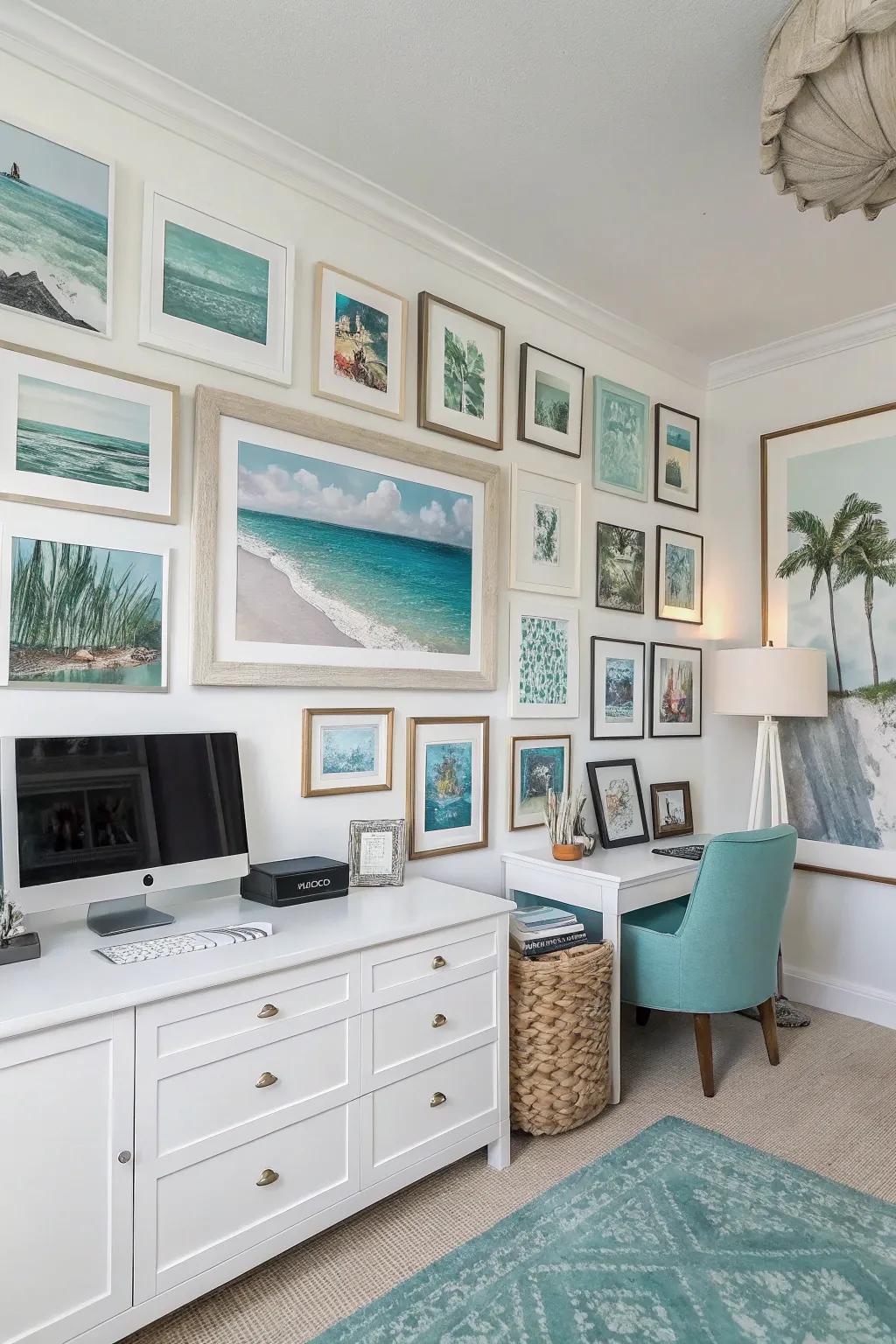 A themed gallery wall with coastal elements adds a serene touch to this office.