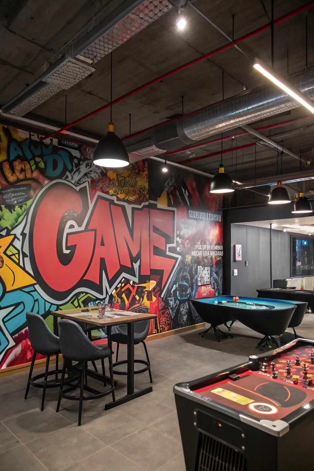 An urban graffiti-themed game room that’s edgy and vibrant.