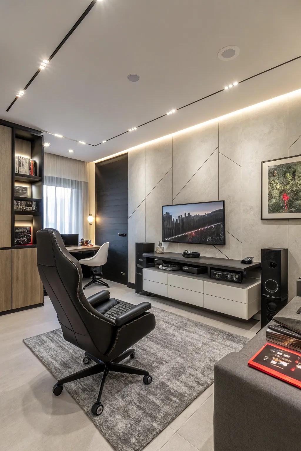 A minimalist-themed gaming room that emphasizes sleek design and modern aesthetics.