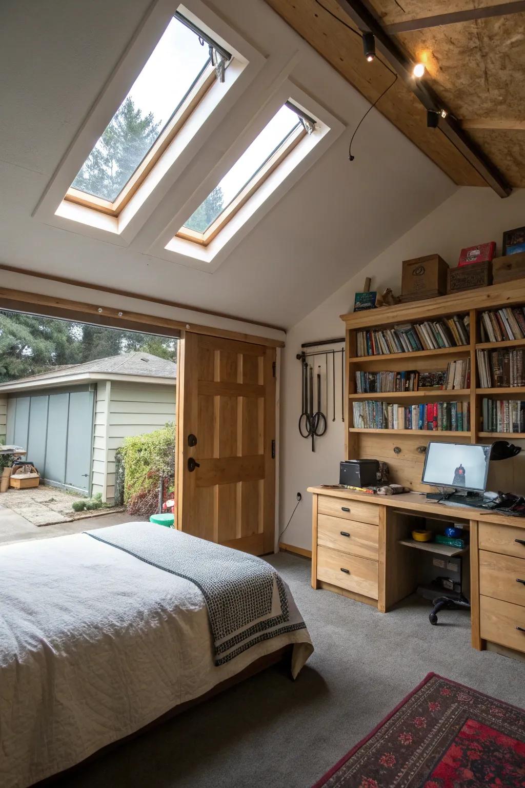 Skylights bring in light and an airy feel to your garage bedroom.