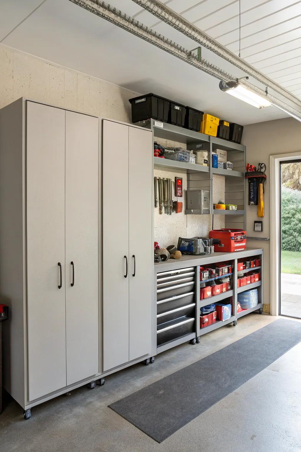 Freestanding cabinets provide versatile storage solutions.