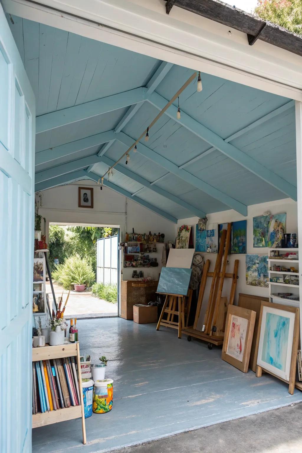 A soothing blue ceiling creates a calm and inviting atmosphere.