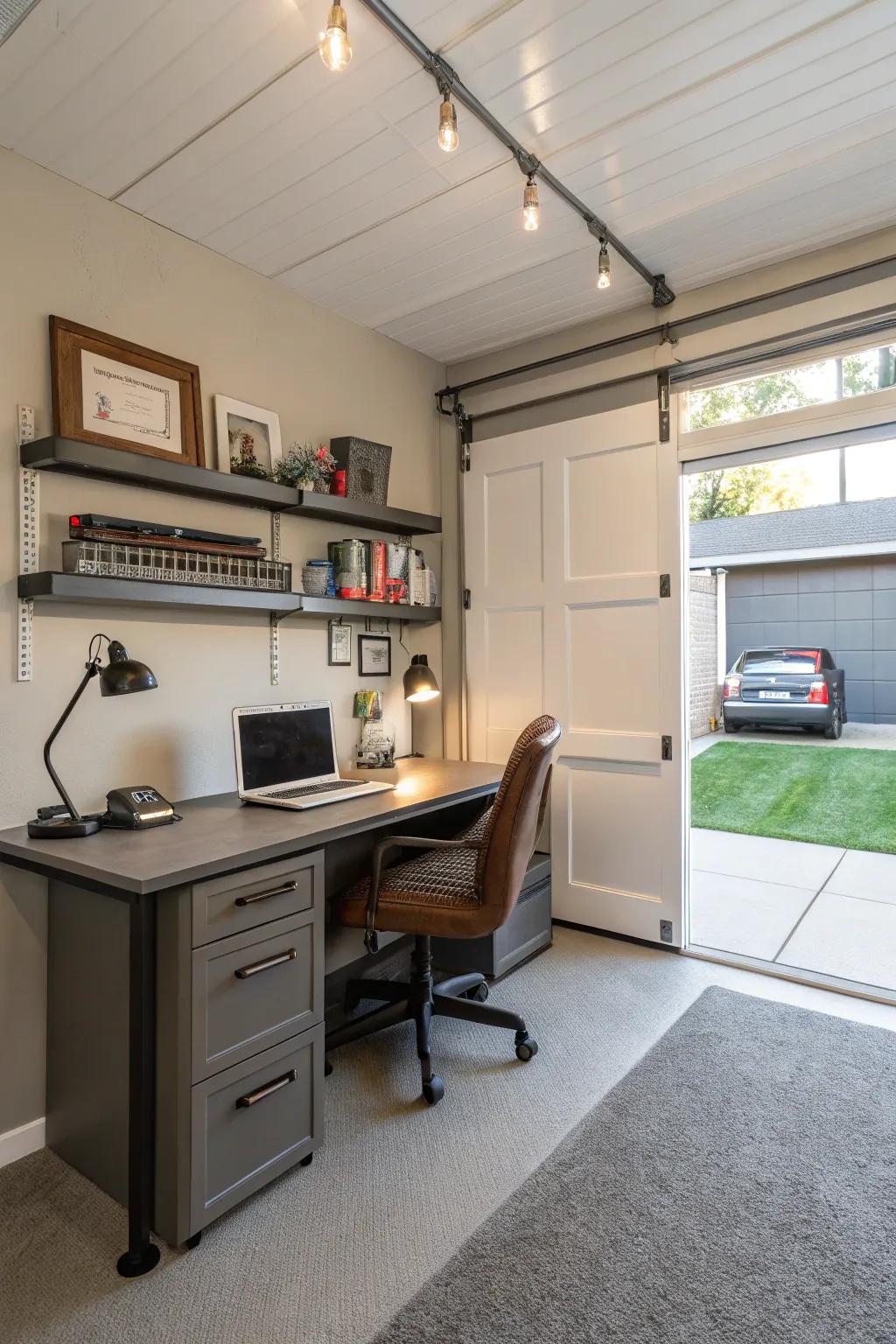 A functional and serene home office created from a garage space.