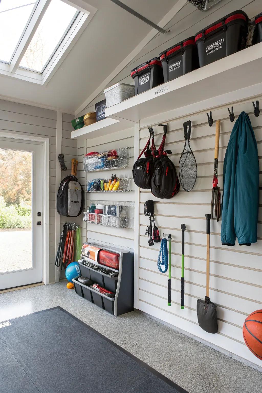 Slatwall system in a garage mudroom efficiently stores coats and gear.