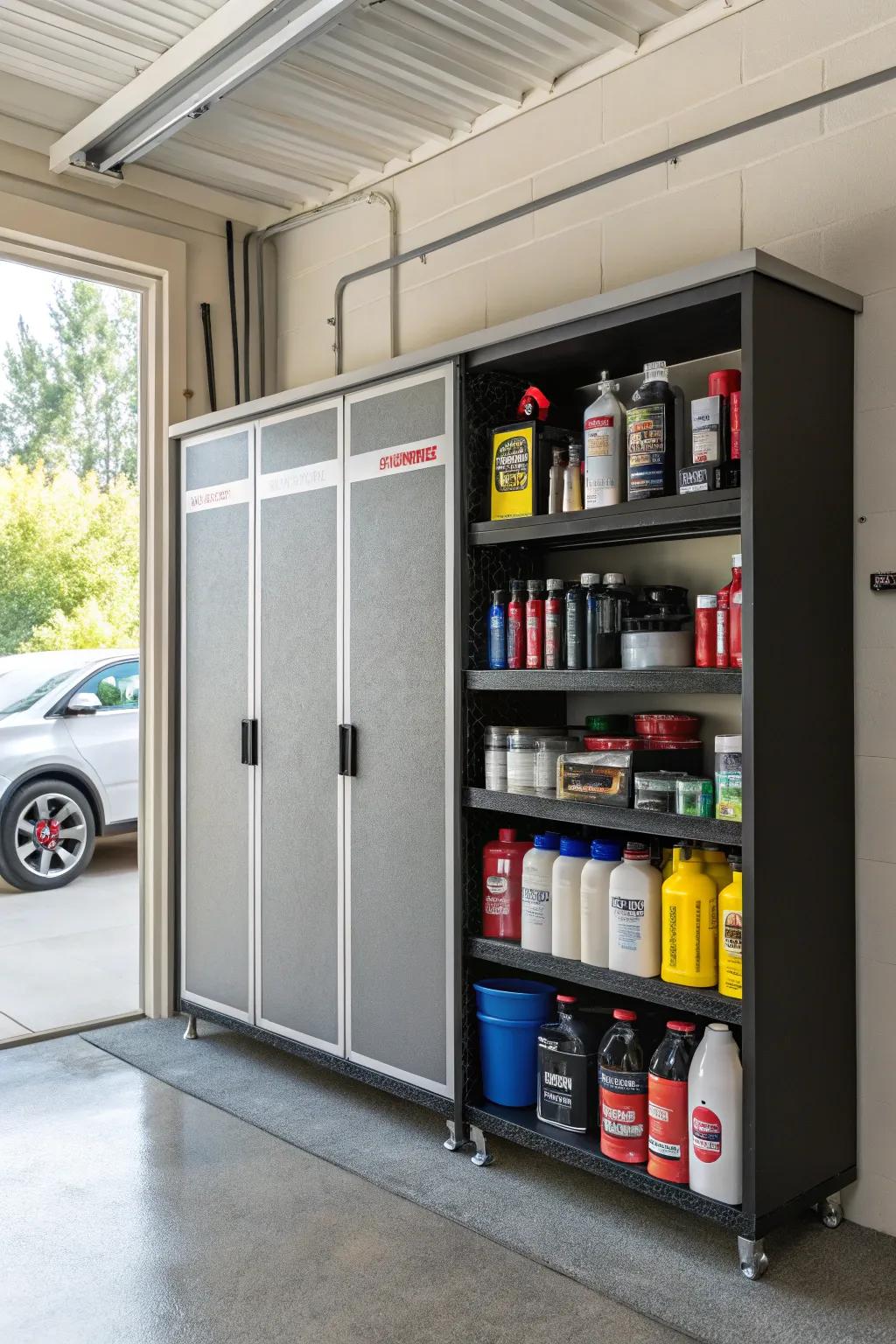 Cabinets help organize car care products efficiently.