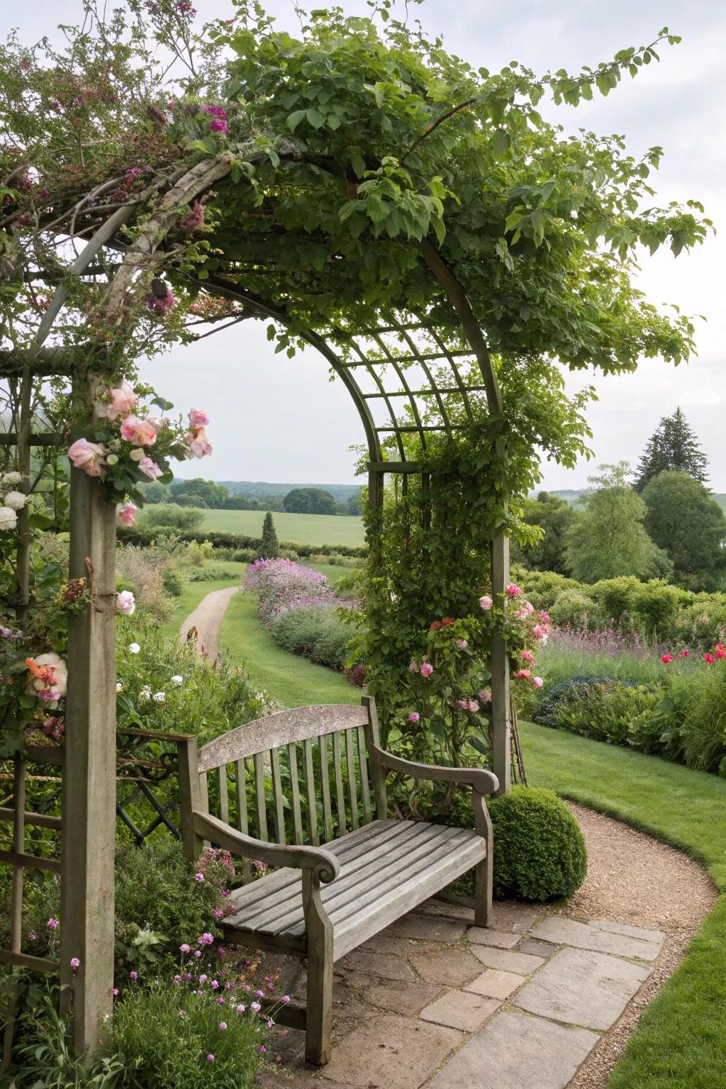 An arbor with climbing vines adds a romantic touch to your garden bench.