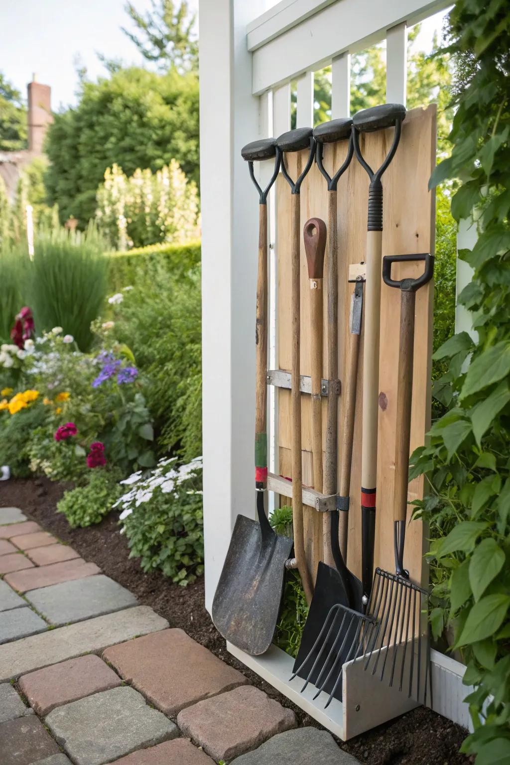 A vertical tool rack keeps large tools organized and saves space.