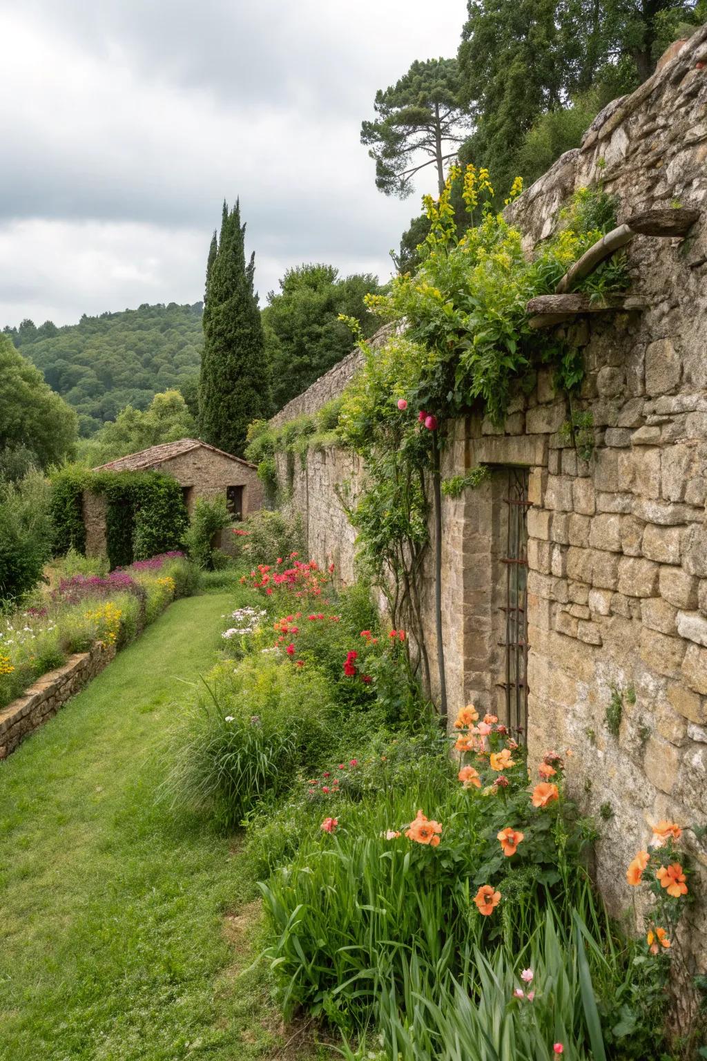 Timeless elegance with a rustic stone wall.