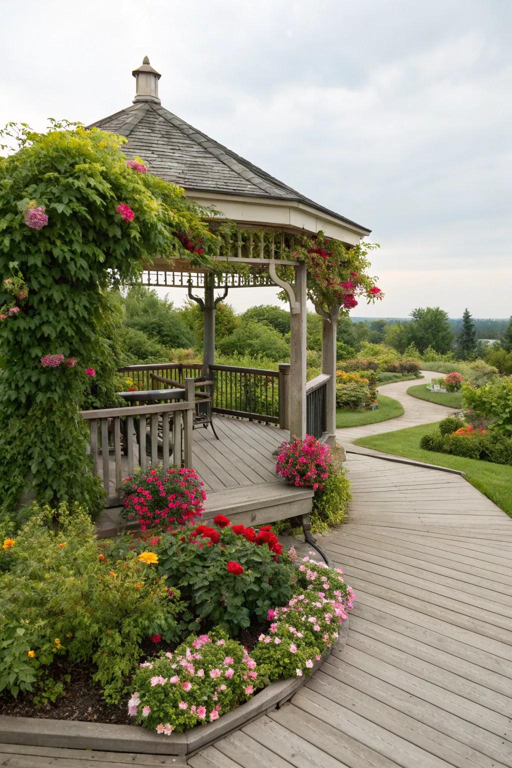 Turn your deck into a garden oasis with a flower-adorned gazebo.