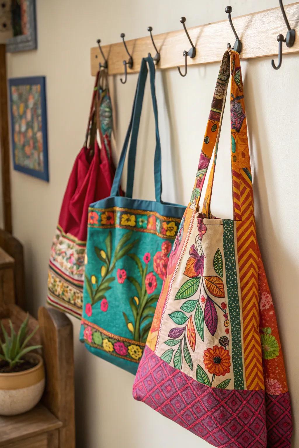 Eco-friendly upcycled fabric tote bags with unique designs.