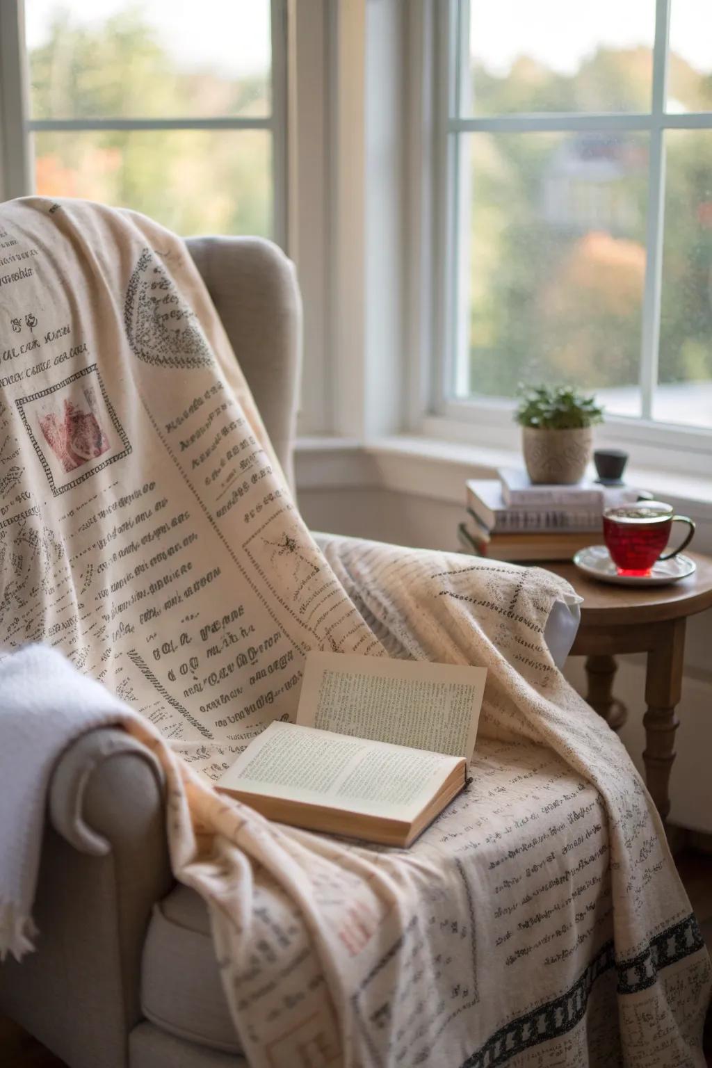 A bookish throw blanket adds warmth and personality to any reading space.