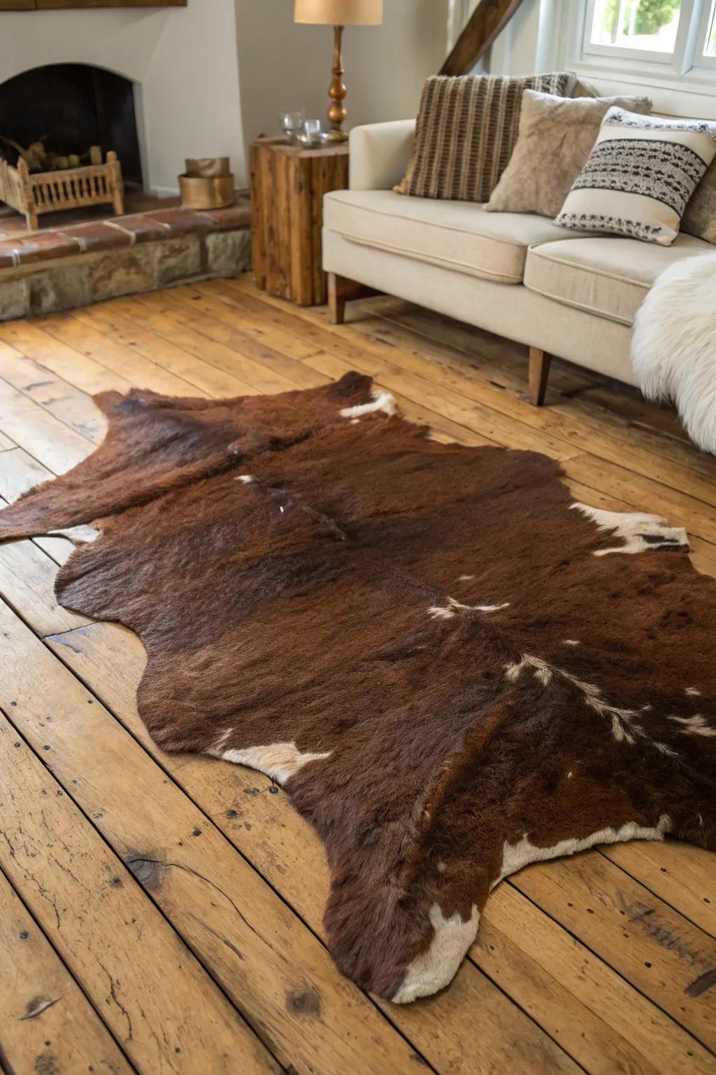 A cowhide rug adds rustic elegance to any space.