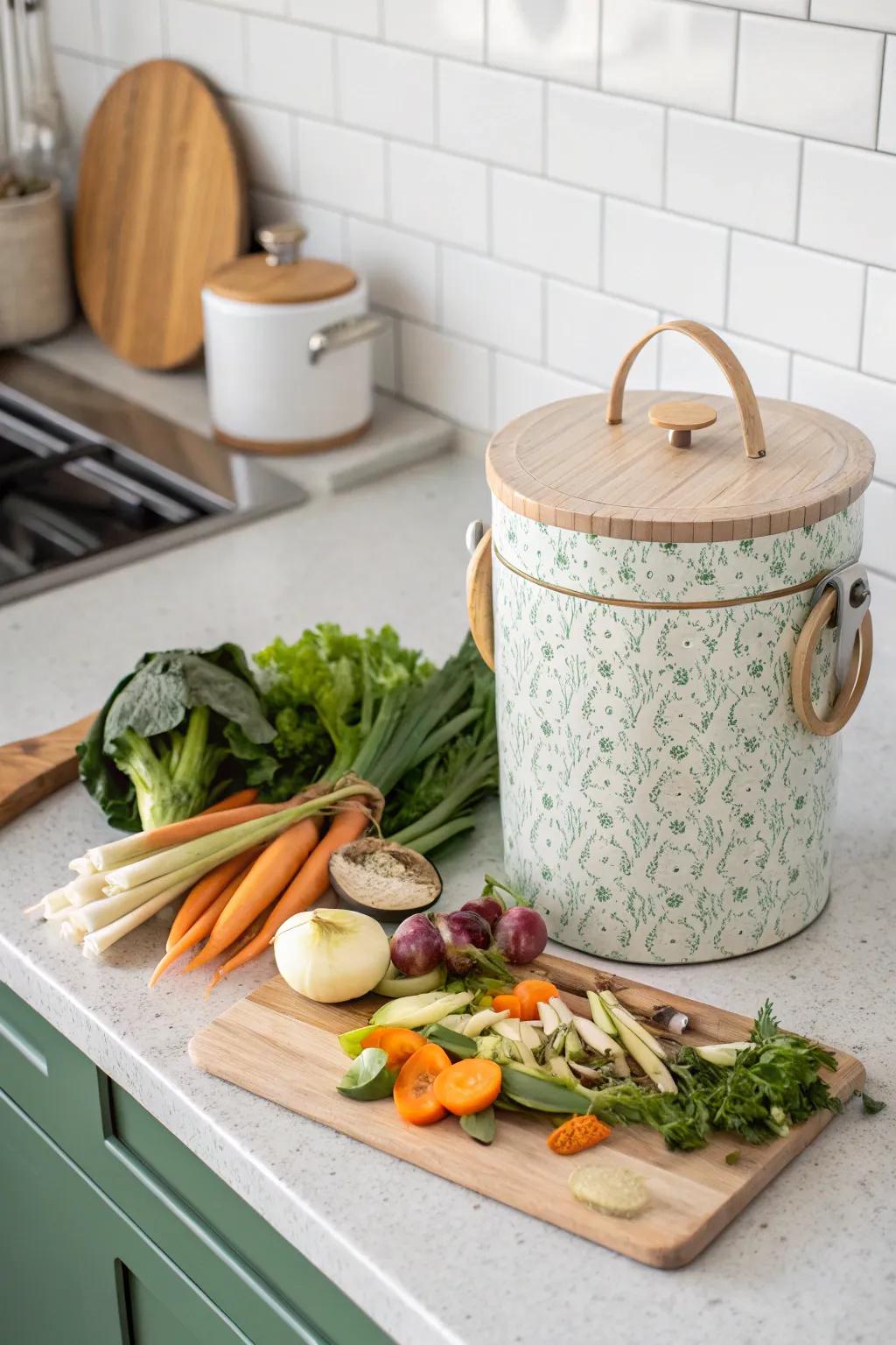 A stylish compost bin makes composting easy and eco-friendly.