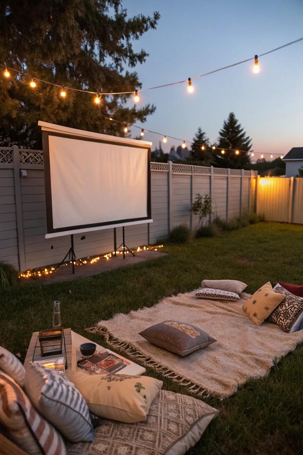 A charming outdoor movie setup perfect for a birthday evening.