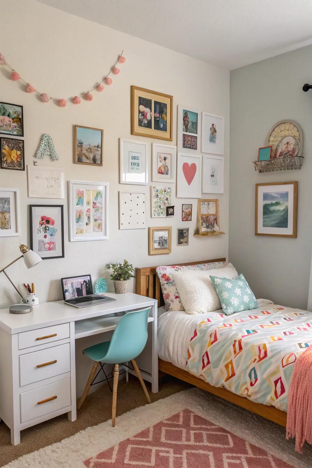 A girl's bedroom with a gallery wall featuring art prints and personal photos.