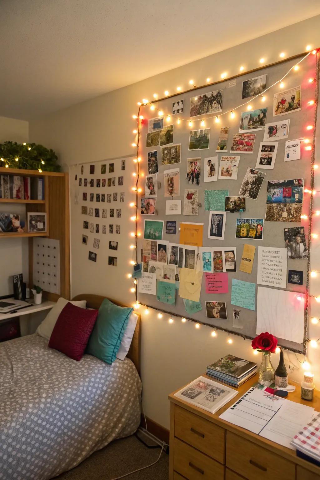 A photo collage brings a personal touch to your dorm decor.