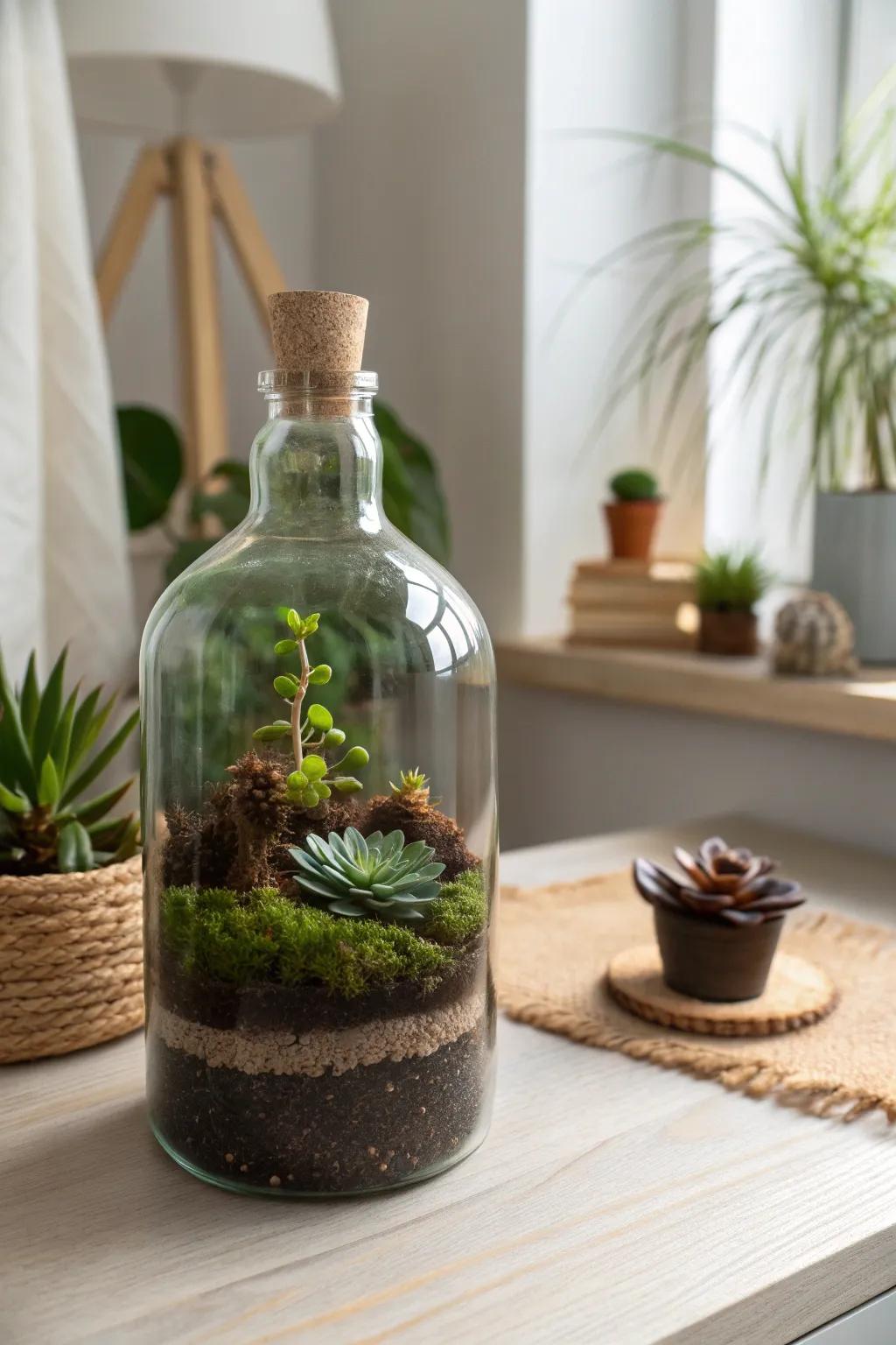 Bring nature inside with a serene mini terrarium in a glass bottle—an effortless blend of simplicity and beauty.