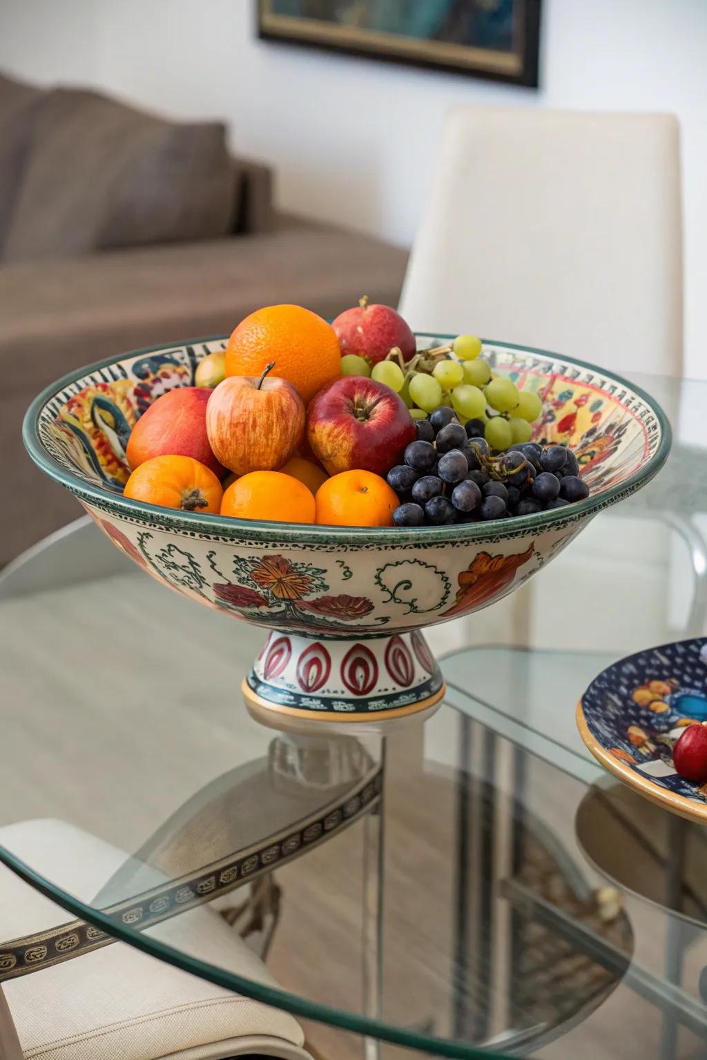 A vibrant fruit bowl serving as a centerpiece on a glass table.