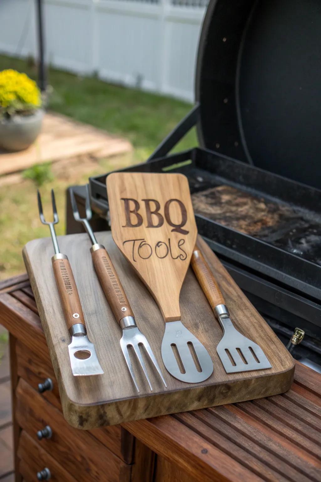 A personalized BBQ tool set for the grill master godfather.