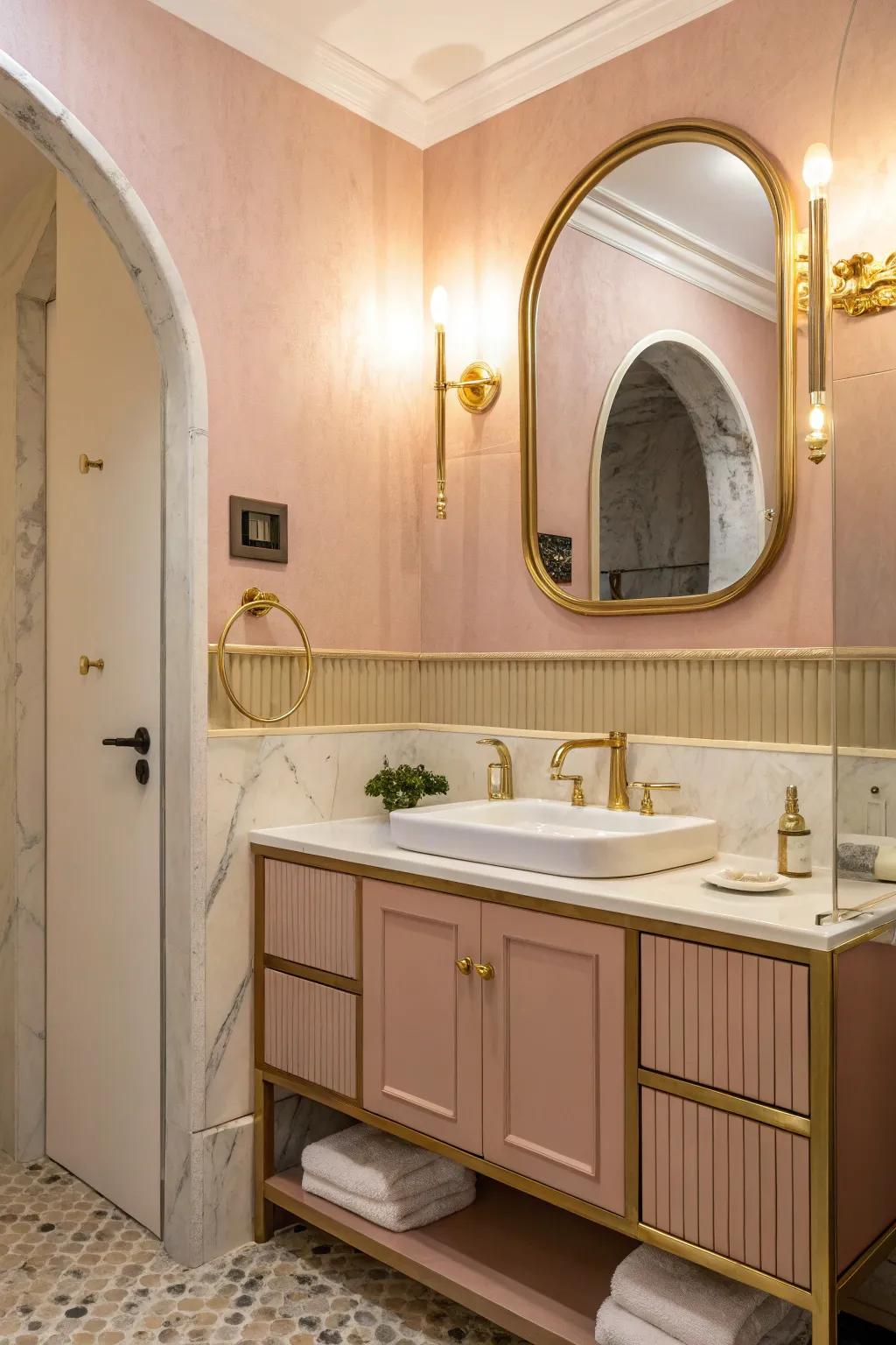 A charming soft pink and gold bathroom.