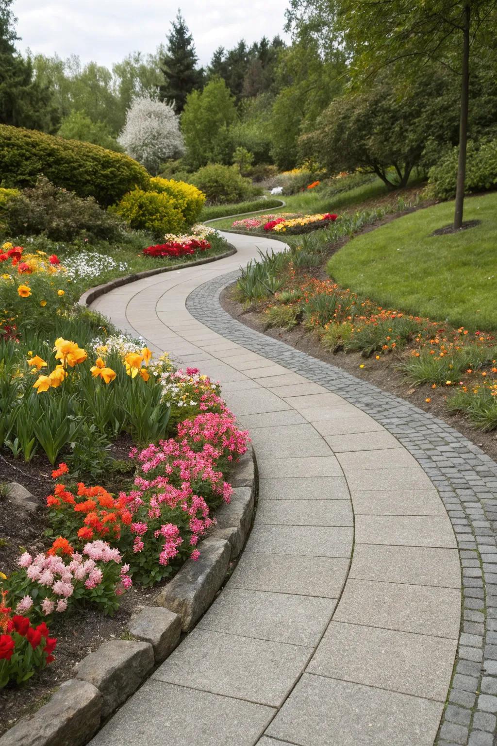 A curved granite walkway meandering through the garden.