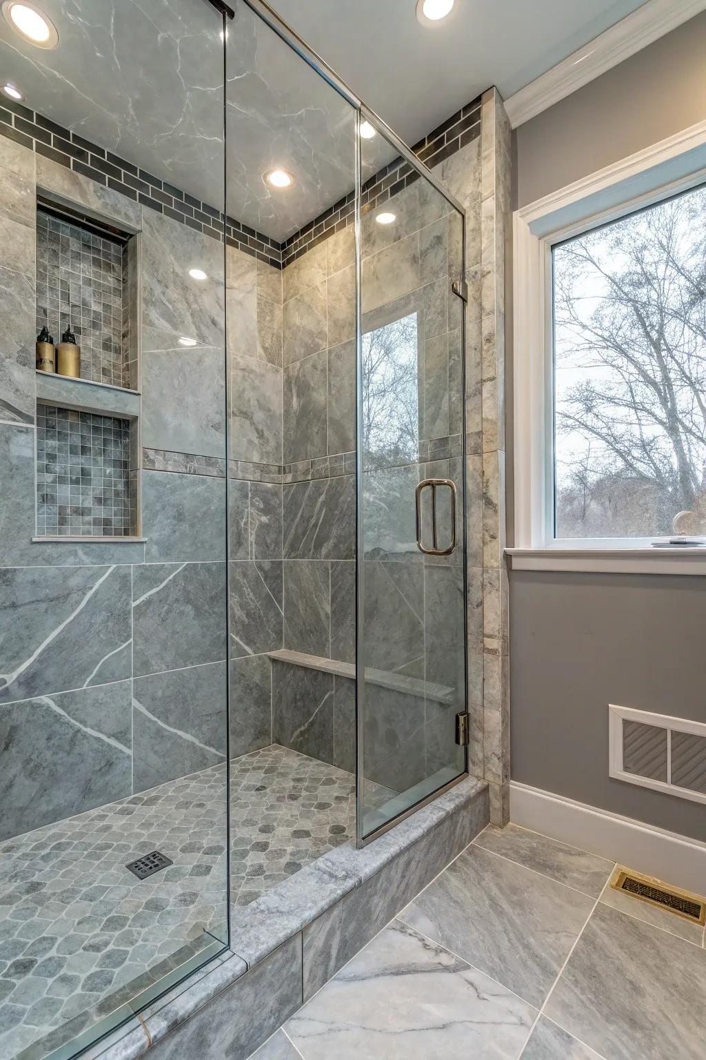 Marble-look tiles add elegance to your shower.