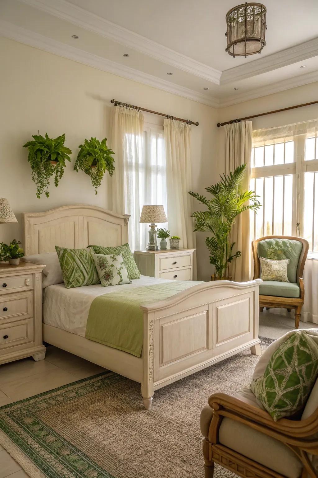 Cream furniture serves as a perfect backdrop for green accents.