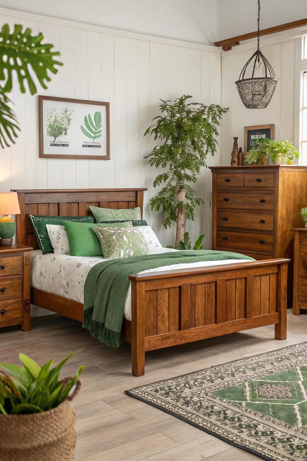 Natural wood furniture adds warmth and texture, perfectly complementing green and tan tones.